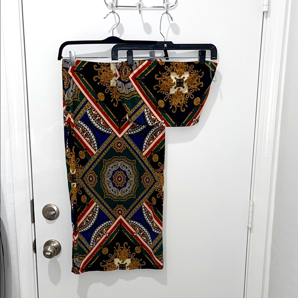 2 piece chain design crop top skirt set two piece set size small medium large